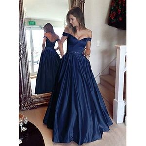 Navy off the shoulder prom dress